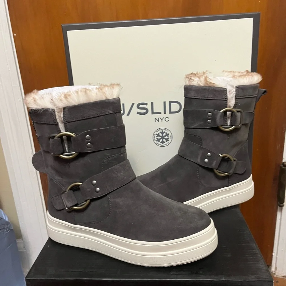 🆕. J/SLIDES women's Nelly dark grey waterproof suede platform faux fur boot… 7